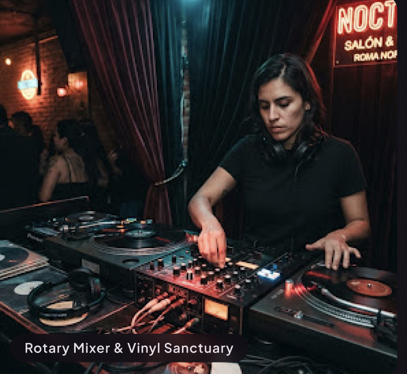 DJ playing vinyl records inside a dimly lit Roma Norte underground club, vintage rotary mixer, glowing neon lighting
